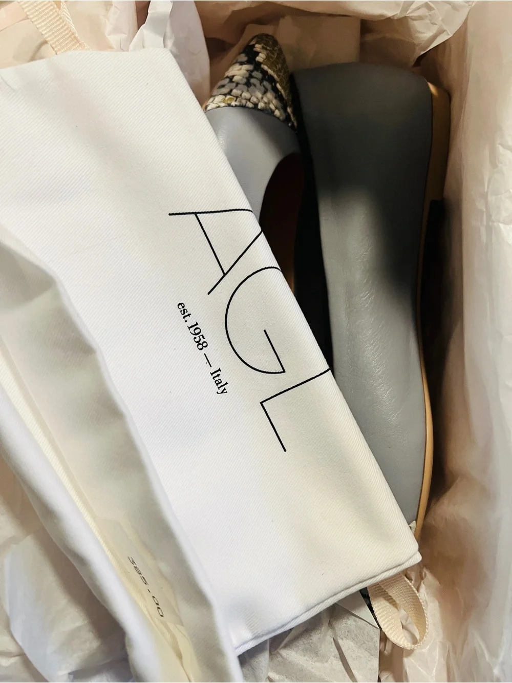 NIB AGL Mila Ballet Pointed Toe Flats with Snakeskin Accent - Size 36.5/6.5US